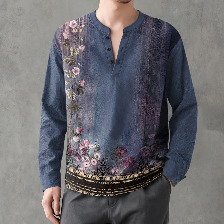 Buddha Stones Camicia da uomo a maniche lunghe con scollo a V e bottoni, in cotone, con motivo floreale vintage a tralci di vite. - SteelBlue - US/UK/AU48, EU58 (4XL) - image 7