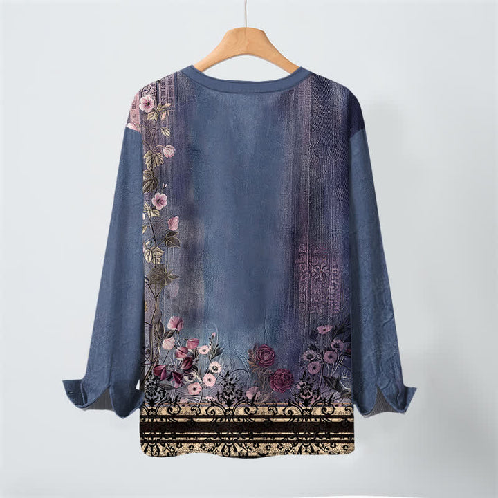 Buddha Stones Camicia da uomo a maniche lunghe con scollo a V e bottoni, in cotone, con motivo floreale vintage a tralci di vite. - image 10