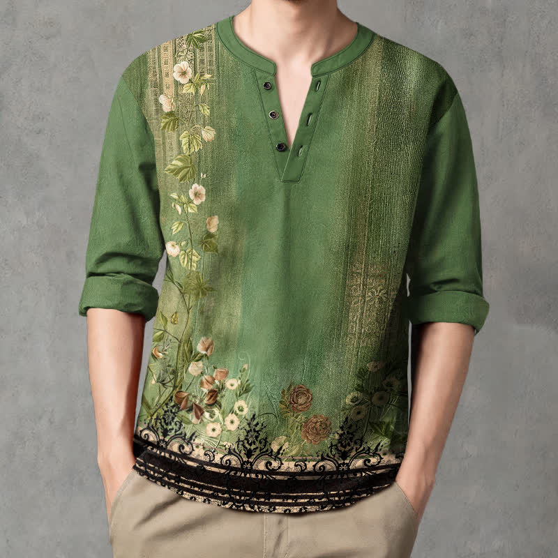 Buddha Stones Camicia da uomo a maniche lunghe con scollo a V e bottoni, in cotone, con motivo floreale vintage a tralci di vite. - image 15
