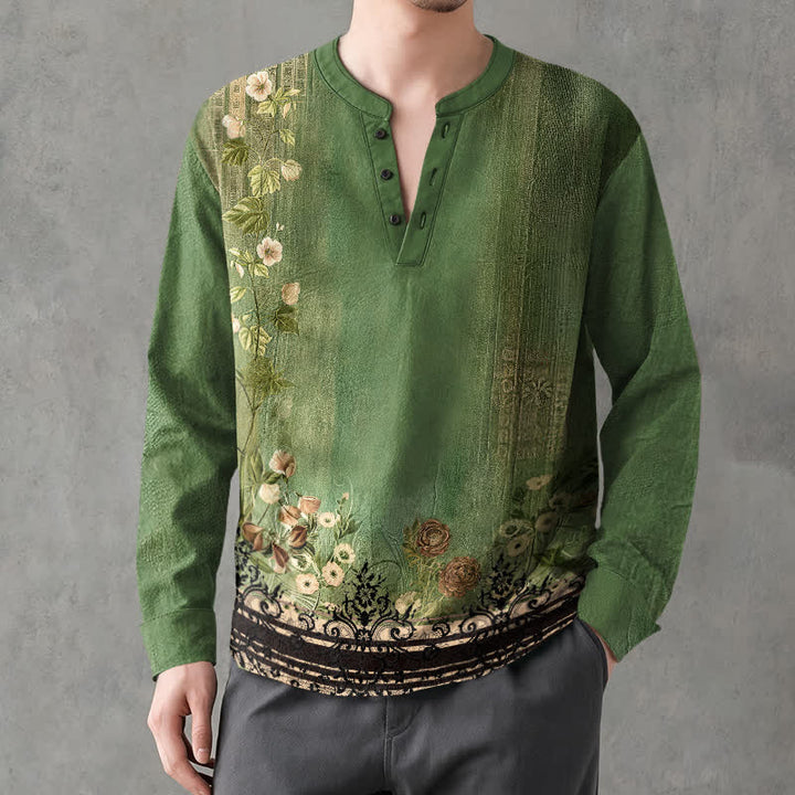Buddha Stones Camicia da uomo a maniche lunghe con scollo a V e bottoni, in cotone, con motivo floreale vintage a tralci di vite. - Verde studentesco - US/UK/AU48, EU58 (4XL) - image 14