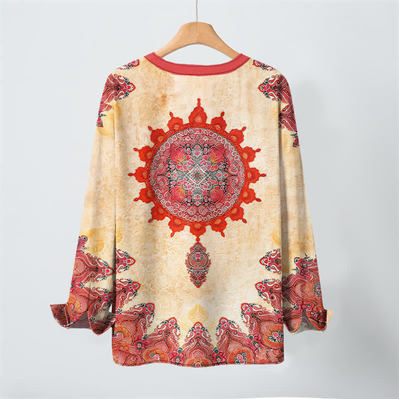 Buddha Stones Camicia da uomo a maniche lunghe in cotone con scollo a V e bottoni, fantasia etnica paisley mandala floreale. - image 3