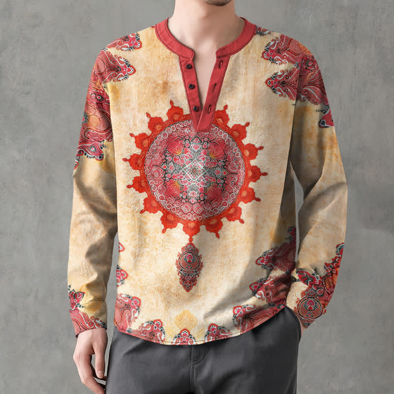 Buddha Stones Camicia da uomo a maniche lunghe in cotone con scollo a V e bottoni, fantasia etnica paisley mandala floreale. - image 1