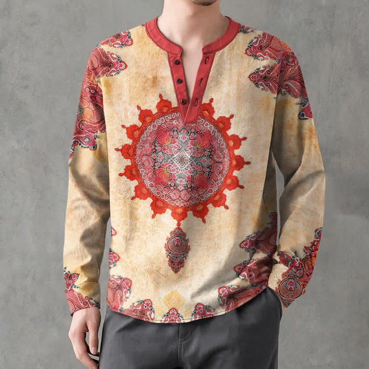 Buddha Stones Camicia da uomo a maniche lunghe in cotone con scollo a V e bottoni, fantasia etnica paisley mandala floreale. - image 1