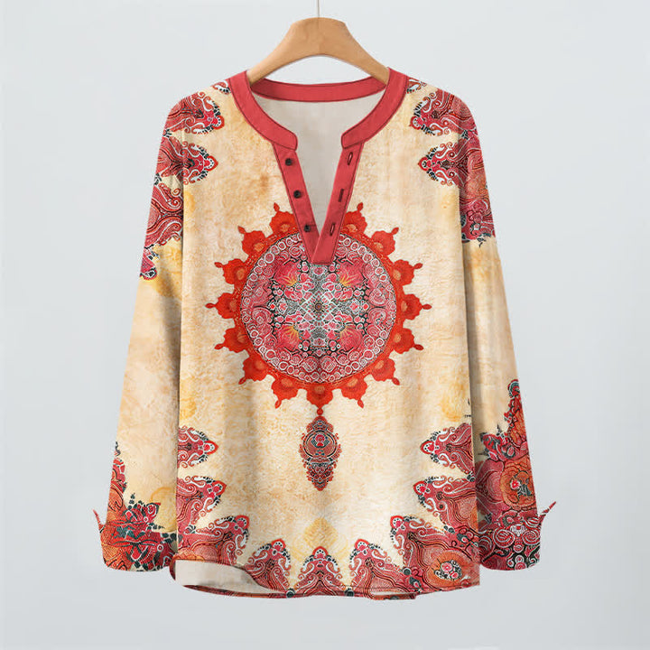 Buddha Stones Camicia da uomo a maniche lunghe in cotone con scollo a V e bottoni, fantasia etnica paisley mandala floreale. - image 2