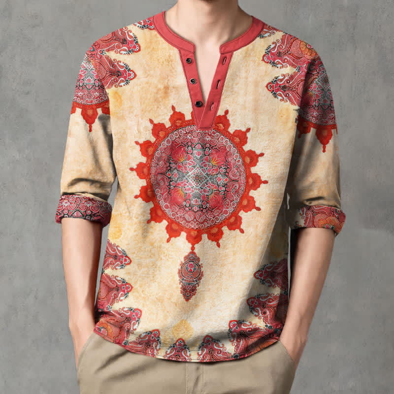 Buddha Stones Camicia da uomo a maniche lunghe in cotone con scollo a V e bottoni, fantasia etnica paisley mandala floreale. - Grano - US/UK/AU48, EU58 (4XL) - image 0