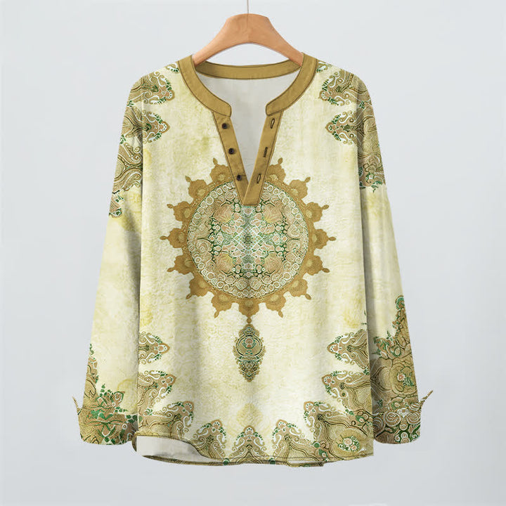 Buddha Stones Camicia da uomo a maniche lunghe in cotone con scollo a V e bottoni, fantasia etnica paisley mandala floreale. - image 9