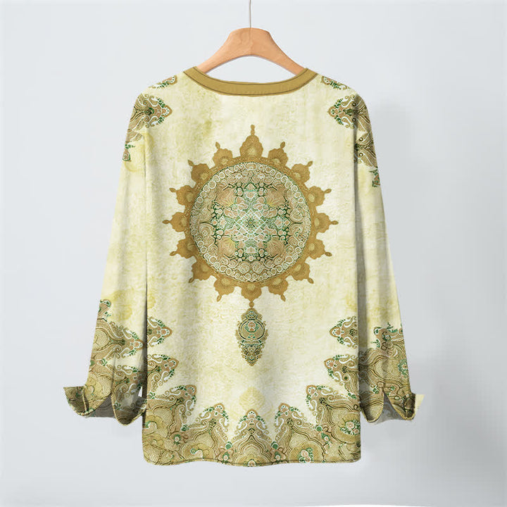 Buddha Stones Camicia da uomo a maniche lunghe in cotone con scollo a V e bottoni, fantasia etnica paisley mandala floreale. - image 10