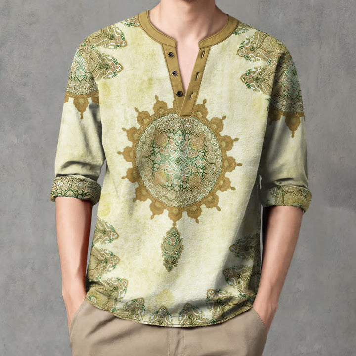 Buddha Stones Camicia da uomo a maniche lunghe in cotone con scollo a V e bottoni, fantasia etnica paisley mandala floreale. - Melata - US/UK/AU48, EU58 (4XL) - image 7