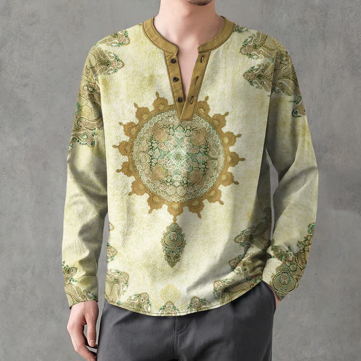 Buddha Stones Camicia da uomo a maniche lunghe in cotone con scollo a V e bottoni, fantasia etnica paisley mandala floreale. - image 8