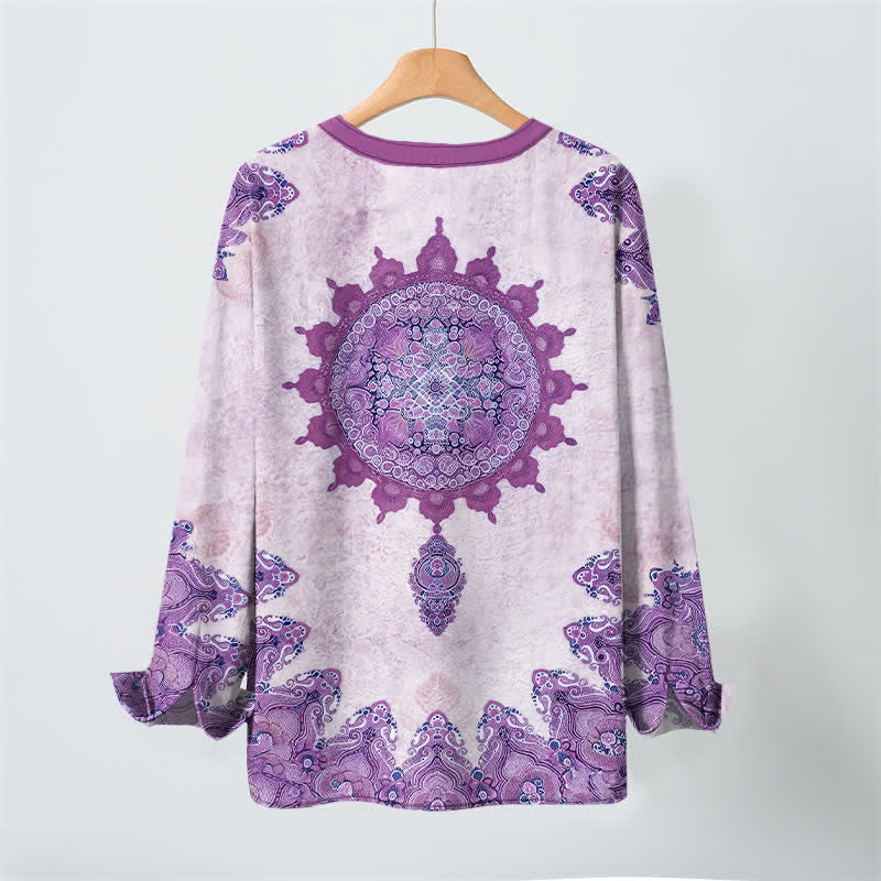 Buddha Stones Camicia da uomo a maniche lunghe in cotone con scollo a V e bottoni, fantasia etnica paisley mandala floreale. - image 17