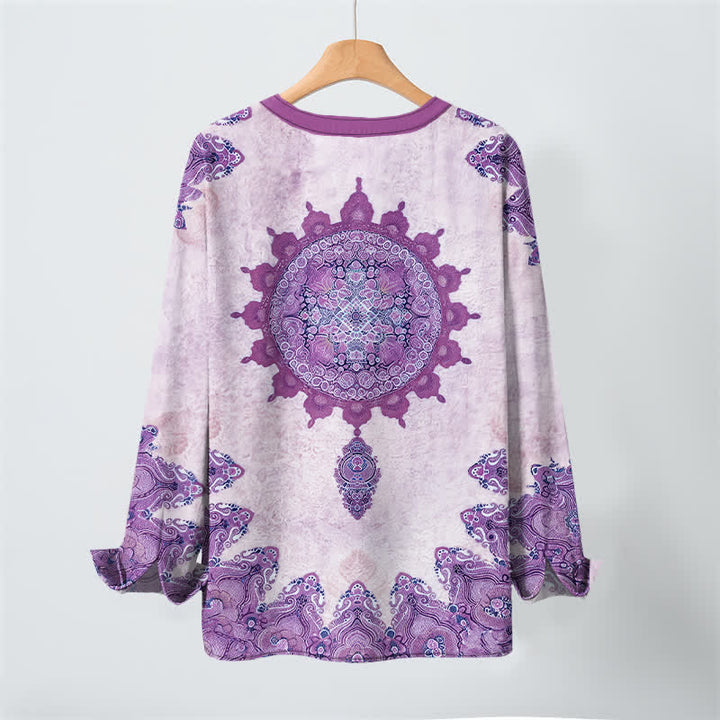 Buddha Stones Camicia da uomo a maniche lunghe in cotone con scollo a V e bottoni, fantasia etnica paisley mandala floreale. - image 17