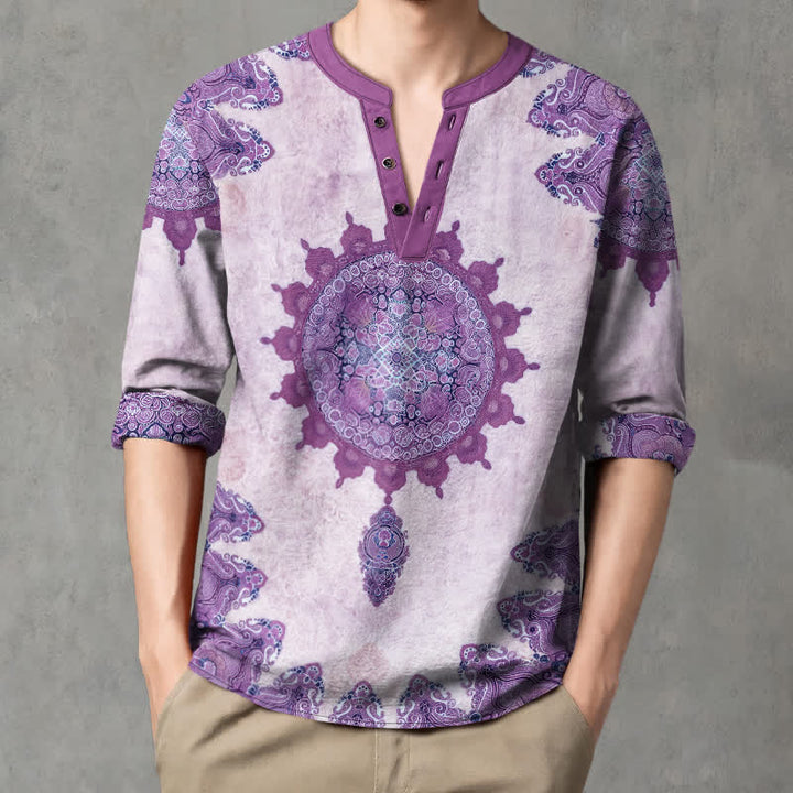 Buddha Stones Camicia da uomo a maniche lunghe in cotone con scollo a V e bottoni, fantasia etnica paisley mandala floreale. - Lavanda - US/UK/AU48, EU58 (4XL) - image 14