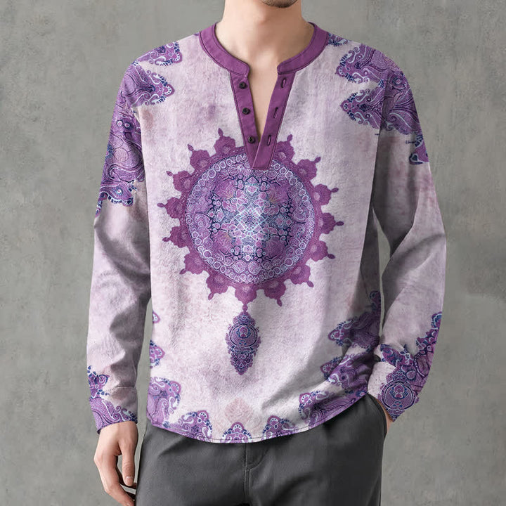 Buddha Stones Camicia da uomo a maniche lunghe in cotone con scollo a V e bottoni, fantasia etnica paisley mandala floreale. - image 15