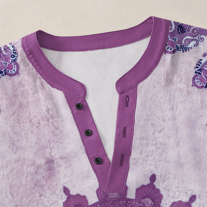 Buddha Stones Camicia da uomo a maniche lunghe in cotone con scollo a V e bottoni, fantasia etnica paisley mandala floreale. - image 18