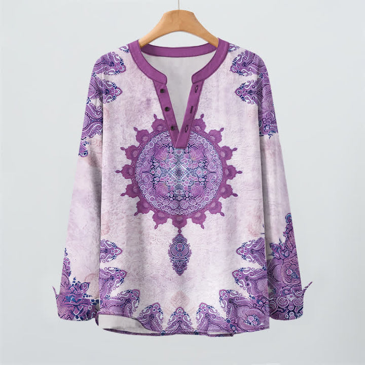 Buddha Stones Camicia da uomo a maniche lunghe in cotone con scollo a V e bottoni, fantasia etnica paisley mandala floreale. - image 16