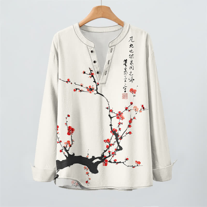 Buddha Stones Camicia da uomo a maniche lunghe con scollo a V e bottoni, stampa a fiori di pruno rosso, colore cotone. - image 2