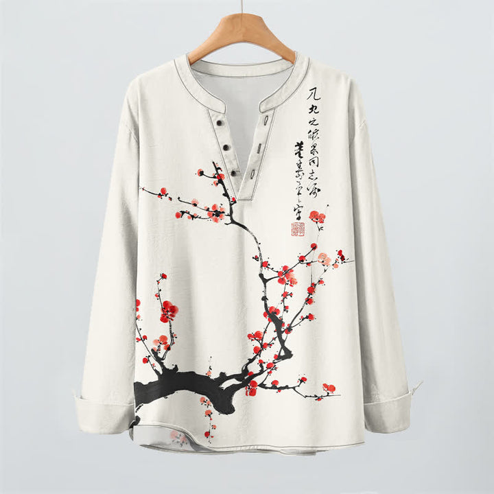 Buddha Stones Camicia da uomo a maniche lunghe con scollo a V e bottoni, stampa a fiori di pruno rosso, colore cotone. - image 2