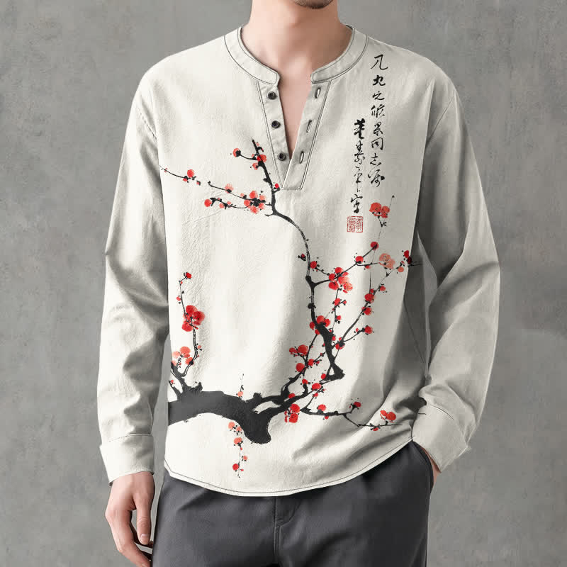 Buddha Stones Camicia da uomo a maniche lunghe con scollo a V e bottoni, stampa a fiori di pruno rosso, colore cotone. - Biancheria - US/UK/AU48, EU58 (4XL) - image 0