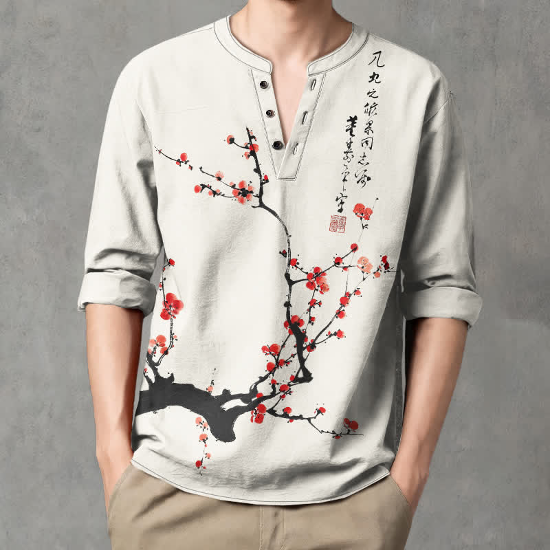 Buddha Stones Camicia da uomo a maniche lunghe con scollo a V e bottoni, stampa a fiori di pruno rosso, colore cotone. - image 1