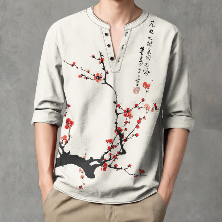 Buddha Stones Camicia da uomo a maniche lunghe con scollo a V e bottoni, stampa a fiori di pruno rosso, colore cotone. - image 1