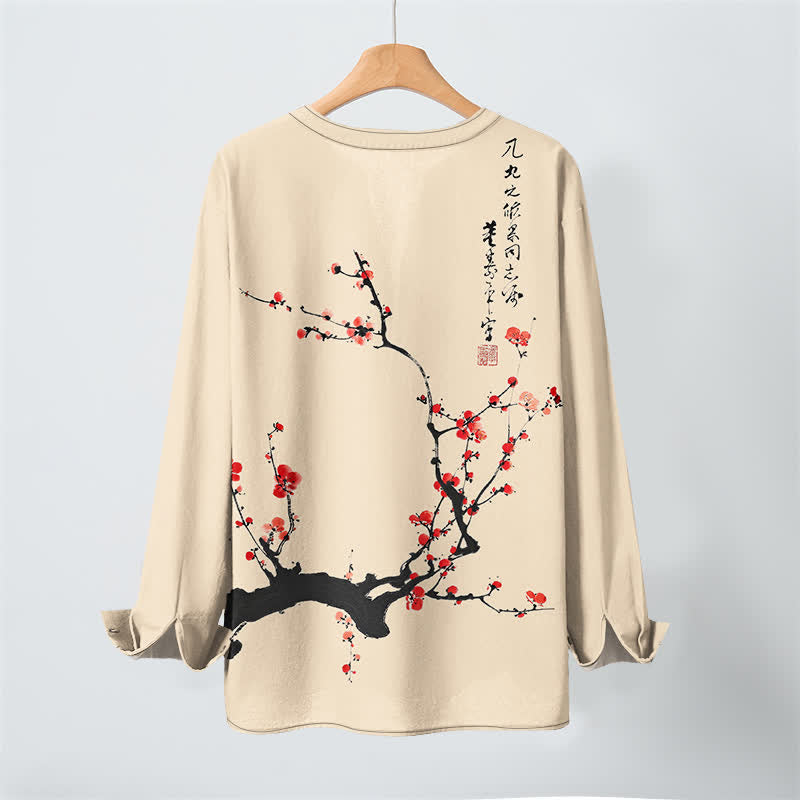 Buddha Stones Camicia da uomo a maniche lunghe con scollo a V e bottoni, stampa a fiori di pruno rosso, colore cotone. - image 10