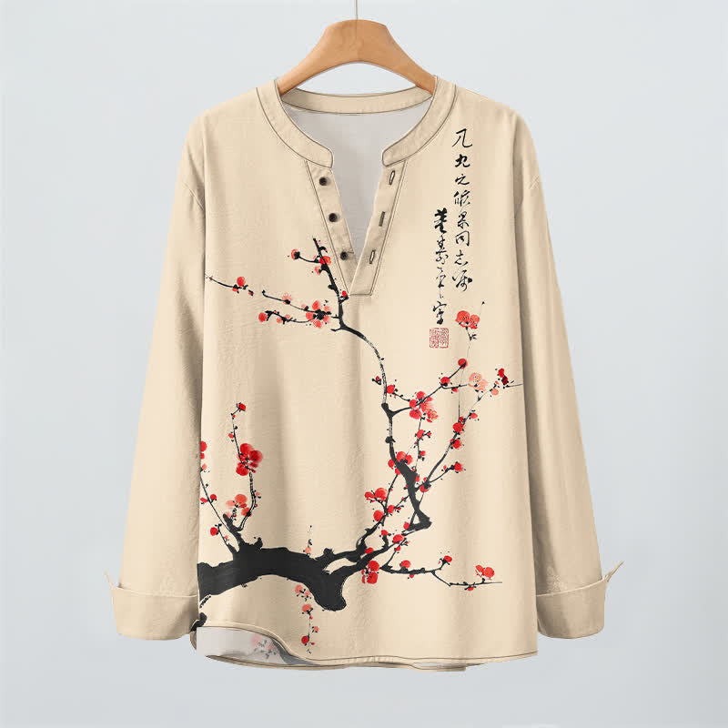 Buddha Stones Camicia da uomo a maniche lunghe con scollo a V e bottoni, stampa a fiori di pruno rosso, colore cotone. - image 9
