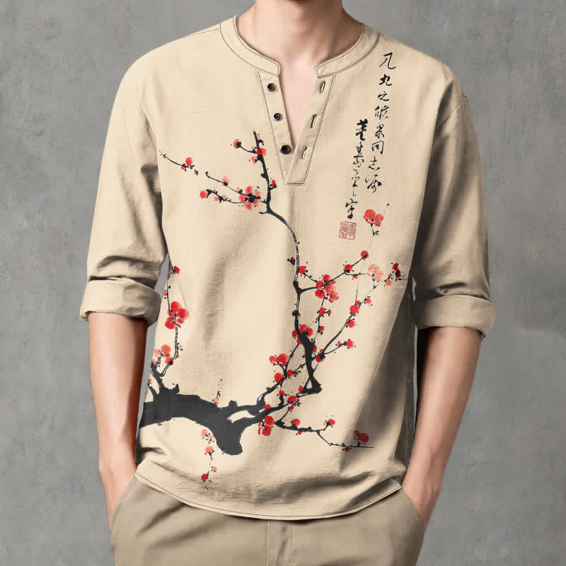 Buddha Stones Camicia da uomo a maniche lunghe con scollo a V e bottoni, stampa a fiori di pruno rosso, colore cotone. - image 8