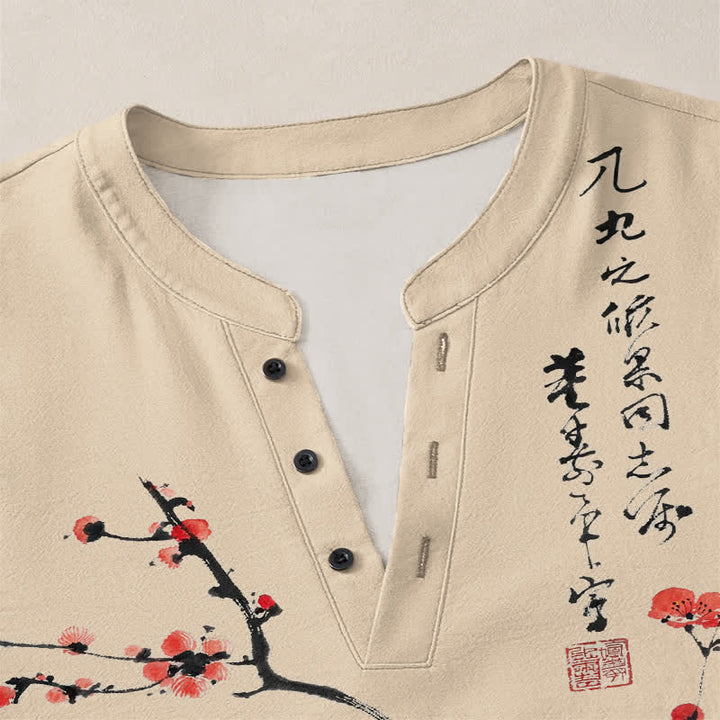 Buddha Stones Camicia da uomo a maniche lunghe con scollo a V e bottoni, stampa a fiori di pruno rosso, colore cotone. - image 11