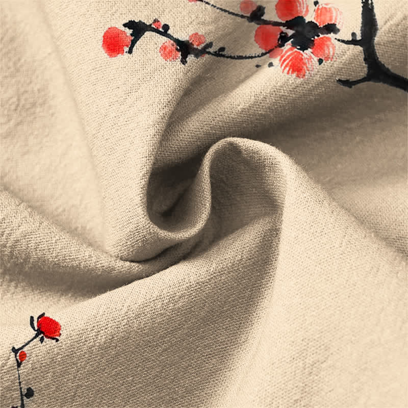 Buddha Stones Camicia da uomo a maniche lunghe con scollo a V e bottoni, stampa a fiori di pruno rosso, colore cotone. - image 13