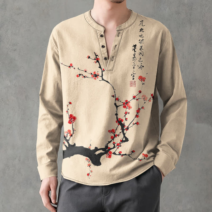 Buddha Stones Camicia da uomo a maniche lunghe con scollo a V e bottoni, stampa a fiori di pruno rosso, colore cotone. - Tan - US/UK/AU48, EU58 (4XL) - image 7