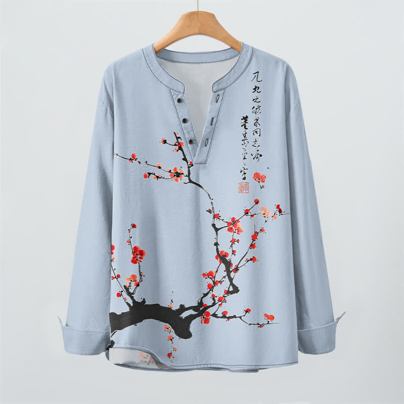 Buddha Stones Camicia da uomo a maniche lunghe con scollo a V e bottoni, stampa a fiori di pruno rosso, colore cotone. - image 16
