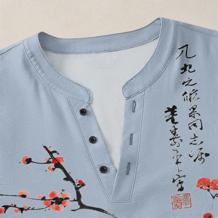 Buddha Stones Camicia da uomo a maniche lunghe con scollo a V e bottoni, stampa a fiori di pruno rosso, colore cotone. - image 18