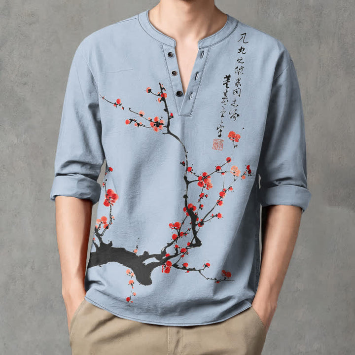 Buddha Stones Camicia da uomo a maniche lunghe con scollo a V e bottoni, stampa a fiori di pruno rosso, colore cotone. - image 15