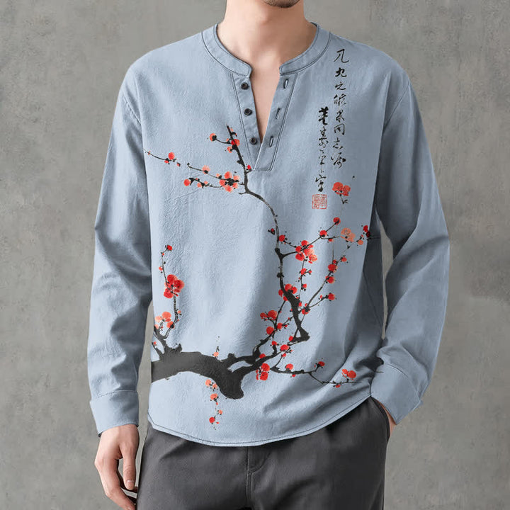 Buddha Stones Camicia da uomo a maniche lunghe con scollo a V e bottoni, stampa a fiori di pruno rosso, colore cotone. - Blu acciaio chiaro - US/UK/AU48, EU58 (4XL) - image 14