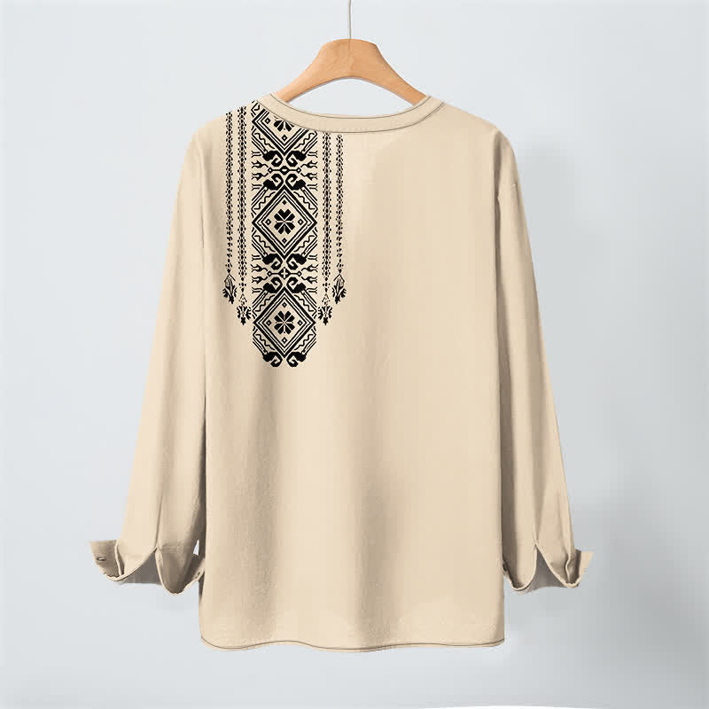 Buddha Stones Camicia da uomo a maniche lunghe in cotone stile bohémien con motivo geometrico a quadri, scollo a V e bottoni. - image 3