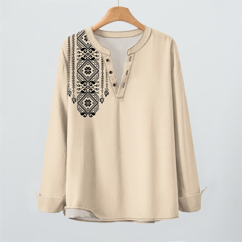 Buddha Stones Camicia da uomo a maniche lunghe in cotone stile bohémien con motivo geometrico a quadri, scollo a V e bottoni. - image 2