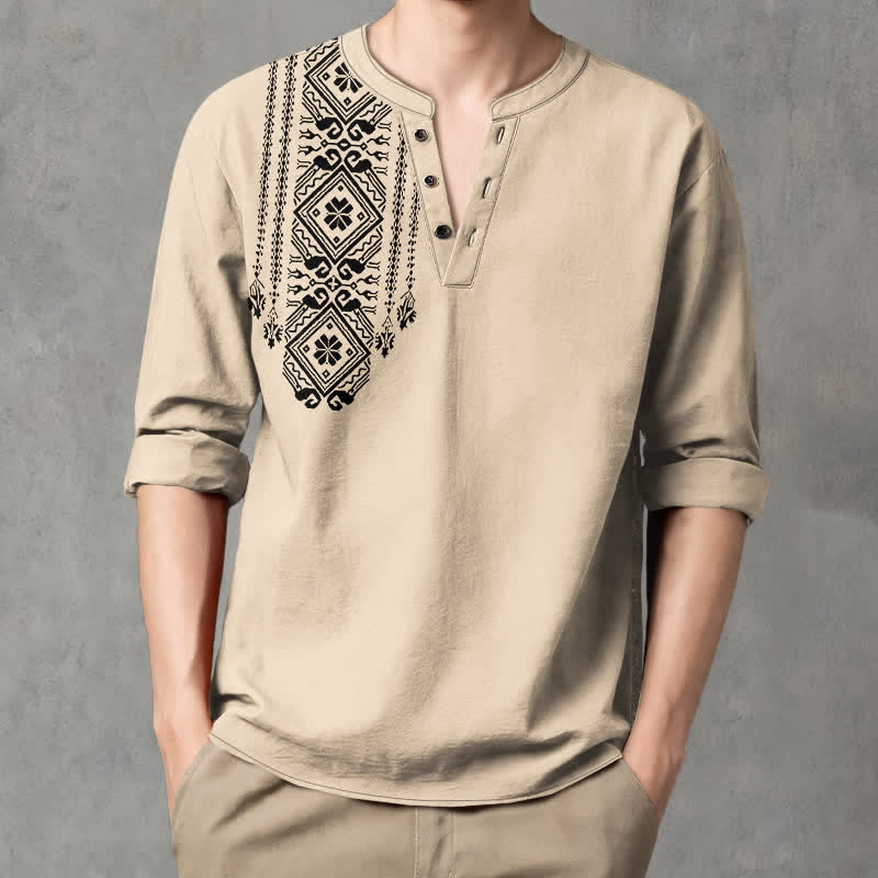 Buddha Stones Camicia da uomo a maniche lunghe in cotone stile bohémien con motivo geometrico a quadri, scollo a V e bottoni. - Beige - US/UK/AU48, EU58 (4XL) - image 0