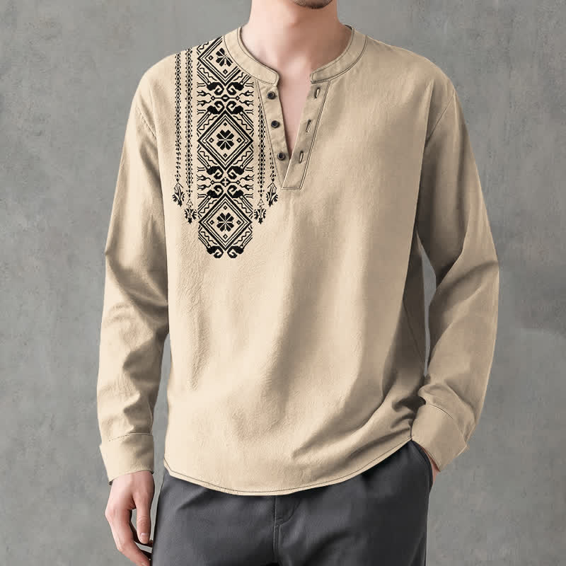 Buddha Stones Camicia da uomo a maniche lunghe in cotone stile bohémien con motivo geometrico a quadri, scollo a V e bottoni. - image 1