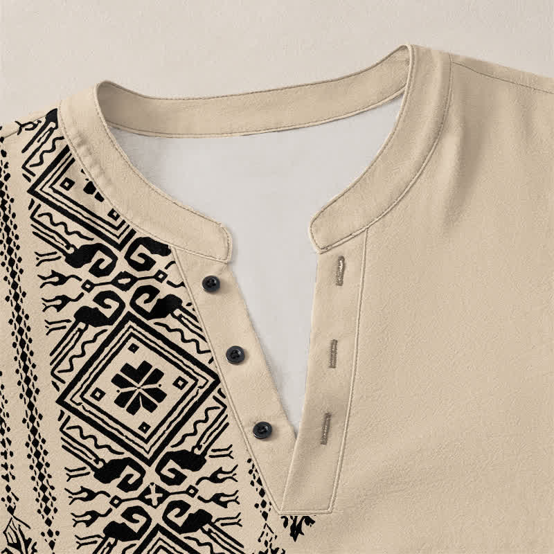 Buddha Stones Camicia da uomo a maniche lunghe in cotone stile bohémien con motivo geometrico a quadri, scollo a V e bottoni. - image 4