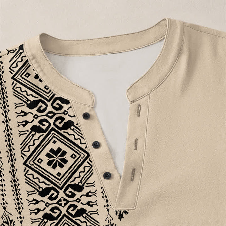 Buddha Stones Camicia da uomo a maniche lunghe in cotone stile bohémien con motivo geometrico a quadri, scollo a V e bottoni. - image 4