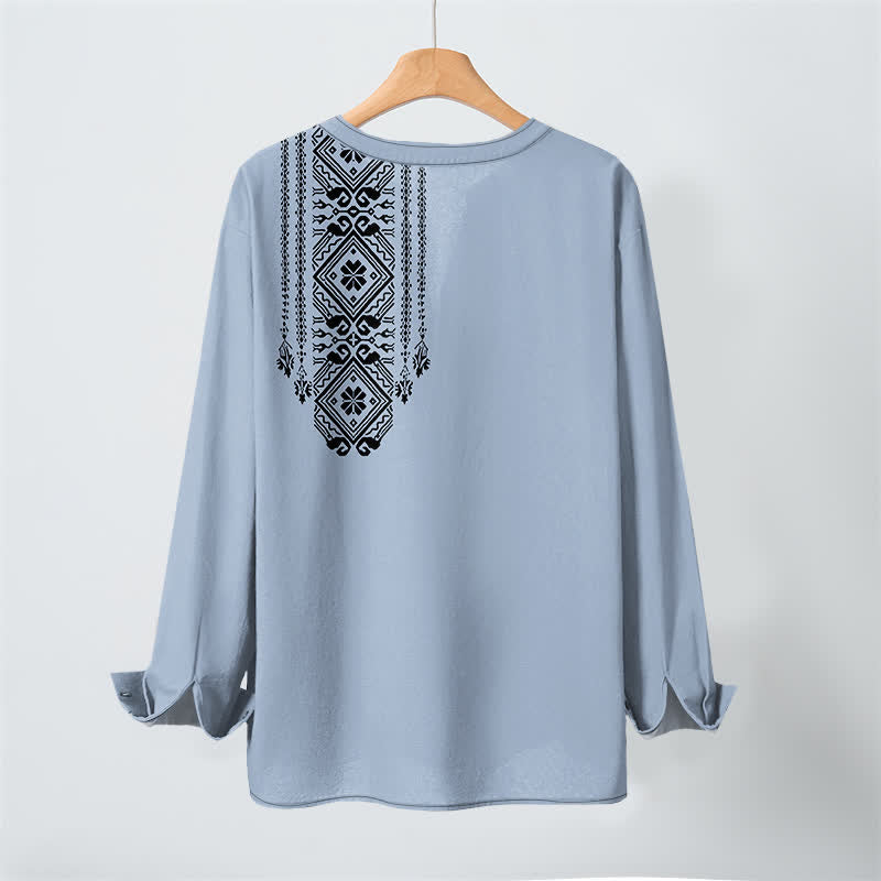 Buddha Stones Camicia da uomo a maniche lunghe in cotone stile bohémien con motivo geometrico a quadri, scollo a V e bottoni. - image 10