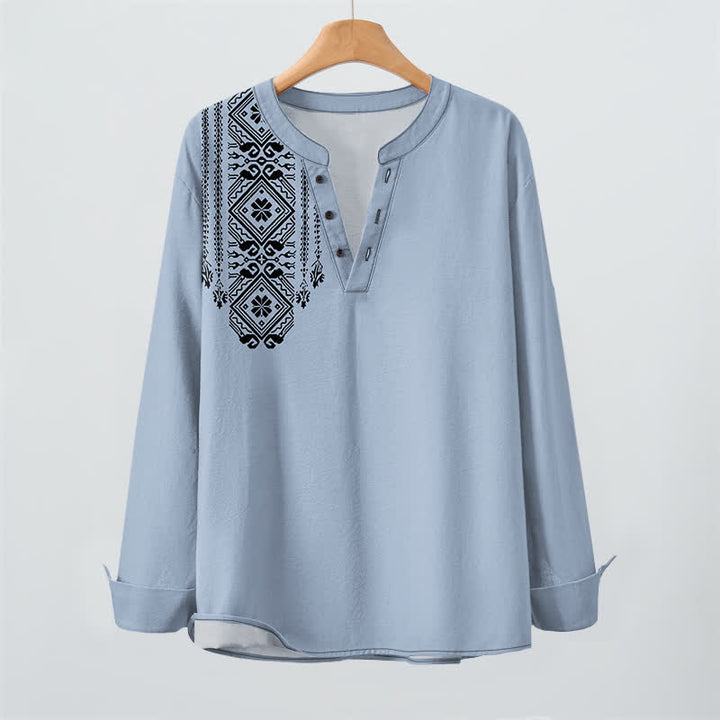 Buddha Stones Camicia da uomo a maniche lunghe in cotone stile bohémien con motivo geometrico a quadri, scollo a V e bottoni. - image 9