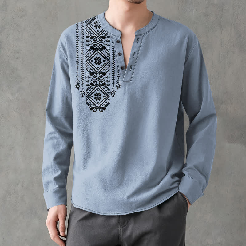 Buddha Stones Camicia da uomo a maniche lunghe in cotone stile bohémien con motivo geometrico a quadri, scollo a V e bottoni. - image 8