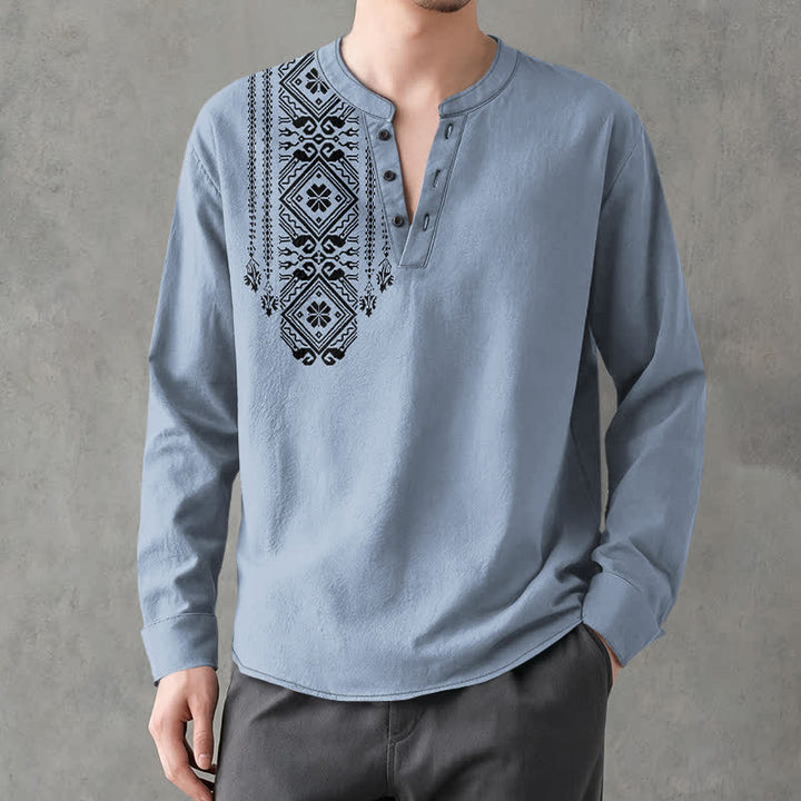 Buddha Stones Camicia da uomo a maniche lunghe in cotone stile bohémien con motivo geometrico a quadri, scollo a V e bottoni. - image 8