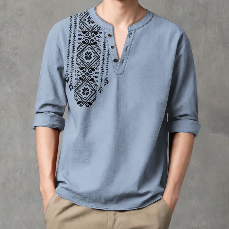 Buddha Stones Camicia da uomo a maniche lunghe in cotone stile bohémien con motivo geometrico a quadri, scollo a V e bottoni. - Blu acciaio chiaro - US/UK/AU48, EU58 (4XL) - image 7