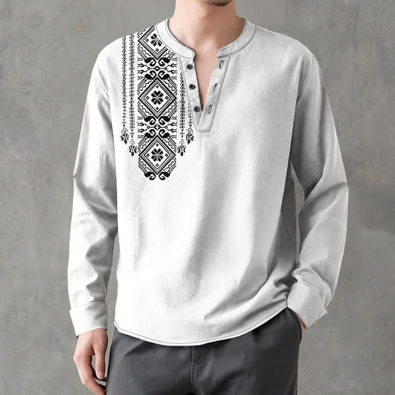 Buddha Stones Camicia da uomo a maniche lunghe in cotone stile bohémien con motivo geometrico a quadri, scollo a V e bottoni. - image 15