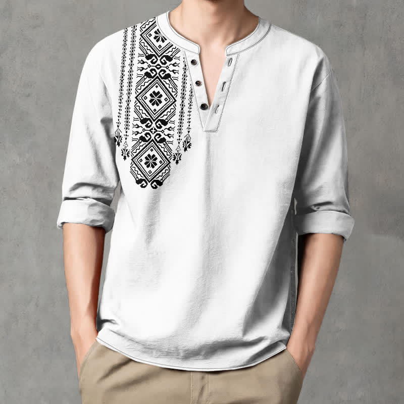 Buddha Stones Camicia da uomo a maniche lunghe in cotone stile bohémien con motivo geometrico a quadri, scollo a V e bottoni. - Bianco - US/UK/AU48, EU58 (4XL) - image 14