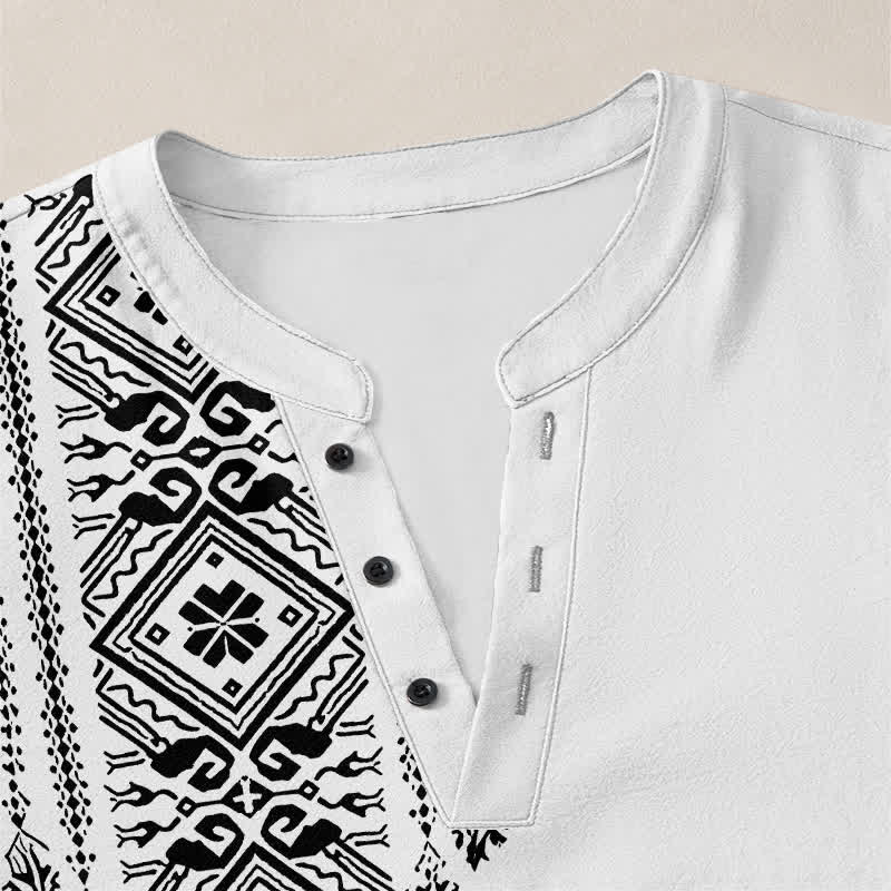 Buddha Stones Camicia da uomo a maniche lunghe in cotone stile bohémien con motivo geometrico a quadri, scollo a V e bottoni. - image 18