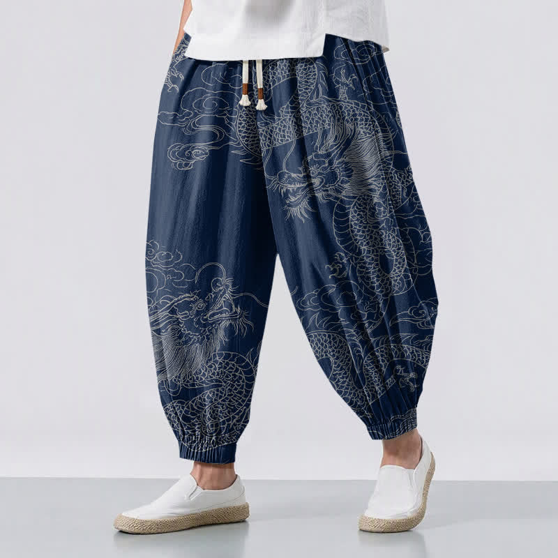 Buddha Stones Pantaloni harem da uomo in puro cotone con coulisse e tasche, fantasia drago e nuvole di buon auspicio. - Marina - US/UK/AU50, EU60 (5XL) - image 0
