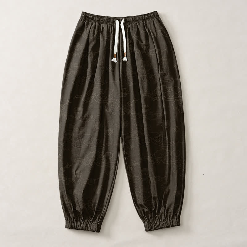 Buddha Stones Pantaloni harem da uomo in puro cotone con coulisse e tasche, motivo tradizionale a medaglione di nuvole. - image 1